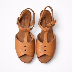Naturalizer Vintage Tan Leather T-Strap Wedge Sandals Made in USA Women Size 6.5